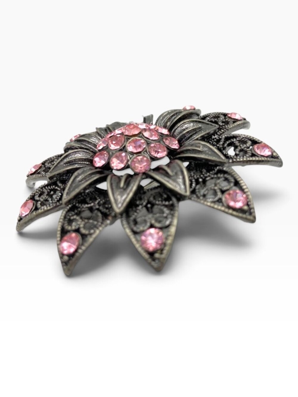 Vintage Pink Rhinestone Black Filigree Flower Brooch Statement Jewelry Pin Large